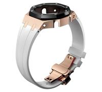 ROUHO Metal Case Rubber Band Watch Strap Replacement Modification Kit Stainless Steel Bezel Frame Accessories for Casioak GA2100 GA-2110-Rose Gold + White