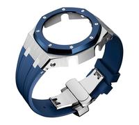 ROUHO Metal Case Rubber Band Watch Strap Replacement Modification Kit Stainless Steel Bezel Frame Accessories for Casioak GA2100 GA-2110-Silver + Blue 1