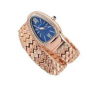 ROUHO Rhinestone Men Women Stainless Steel Bangle Quartz Watch Snake Shape Adjustable Bracelet Watch-Rose Gold + Blue