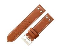ROUHO Soft Genuine Leather Watch Strap Replacement Watchband, Double Prong Pin Buckle for Hamilton Khaki Field H70595593 & H70655733-Brown White + Silver 22mm