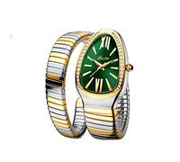 ROUHO Stainless Steel Women Wristwatch Waterproof Rhinestones Dazzling Quartz Watch Adjustable Bracelet-Silver Gold + Green