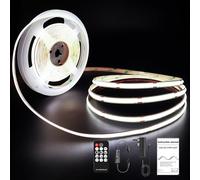 ROUKLE 8mm COB LED Strip Light - 5M Dimmable 24V Super Bright Tape Lights CRI90+ with RF Remote & UKCA Power Supply | 2400 LEDs | Cool White 6000K | Ideal for Workspaces & Industrial Settings