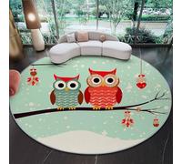 Round 120 cm Area Rugs for Living Room - Low Pile Non-Slip Cartoon Tree Branch Owl Theme Rug Floor Mat, Machine Washable Light Green Circle Carpet Decor for Bedroom Kitchen Office