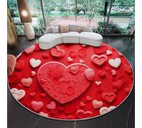 Round 120 cm Area Rugs for Living Room - Low Pile Non-Slip Simple 3D Heart Theme Rug Floor Mat, Machine Washable Red Circle Carpet Decor for Bedroom Kitchen Office