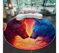 Round 150 x 150 cm Area Rugs for Living Room - Low Pile Non-Slip Fantasy Flame Wolf Theme Rug Floor Mat, Machine Washable Red Circle Carpet Decor for Bedroom Kitchen Office