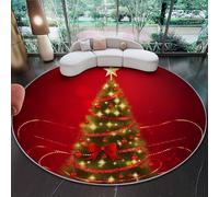 Round 160 x 160 cm Area Rugs for Living Room - Low Pile Non-Slip Simple Christmas Tree Lines Theme Rug Floor Mat, Machine Washable Red Circle Carpet Decor for Bedroom Kitchen Office