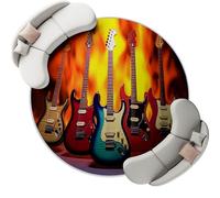 Round 180 cm Area Rugs for Living Room - Low Pile Non-Slip Cartoon Flame Electric Guitar Theme Rug Floor Mat, Machine Washable Red Circle Carpet Decor for Bedroom Kitchen Office