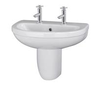 Balterley 555mm Bathroom Sink, Semi Pedestal Ceramic Round Bowl Bathroom Wash Basin Sink with Overflow, 2 Tap Hole, Wall Mounted Basin Sinks for Cloakroom - 555 x 445 x 498mm (White)