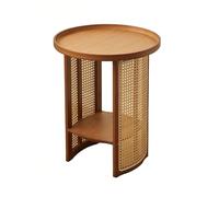 Round 2-Tier Rattan Coffee Table with Open Storage - Creative Nightstand for Living Room & Bedroom 39cm Brown Accent Table Stylish Home Decor &