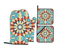 Round Abstract PetalsA 4-Piece Kitchen mitt and potholder Set Printed Oven Mitts and Barbecue Party Gloves are Kitchen Essentials