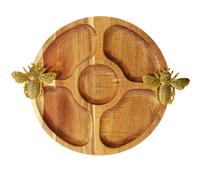 Round Acacia Nibbles Tray Gold Bee Design