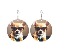 Round Acrylic Earrings Cute Chihuahua with Glasses Print Lightweight Fashion Round Dangle Earrings, One Size, Acrylic, No Gemstone
