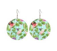 Round Acrylic Earrings Cute Flamingo Love Flowers Print Lightweight Fashion Round Dangle Earrings, One Size, Acrylic, No Gemstone