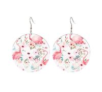 Round Acrylic Earrings Cute Floral with Flamingo Print Lightweight Fashion Round Dangle Earrings, One Size, Acrylic, No Gemstone