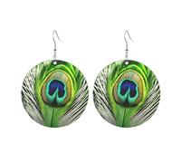 Round Acrylic Earrings Cute Green Peacock Feather Print Lightweight Fashion Round Dangle Earrings, One Size, Acrylic, No Gemstone