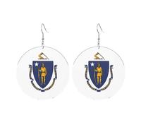 Round Acrylic Earrings Cute Massachusetts State Flag Print Lightweight Fashion Round Dangle Earrings, One Size, Acrylic, No Gemstone