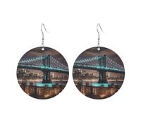 Round Acrylic Earrings Cute NY Manhattan Bridge Night Print Lightweight Fashion Round Dangle Earrings, One Size, Acrylic, No Gemstone