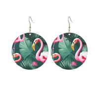 Round Acrylic Earrings Cute Palm Leaf and Flamingos Couple Print Lightweight Fashion Round Dangle Earrings, One Size, Acrylic, No Gemstone