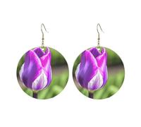 Round Acrylic Earrings Cute Purple Tulip Print Lightweight Fashion Round Dangle Earrings, One Size, Acrylic, No Gemstone
