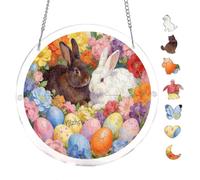 Round Acrylic Hanging Puzzle Bright Bunny Floral Art Garden Wall Decor 7.8x7.8Inch