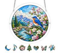 Round Acrylic Jigsaw Puzzle Suncatcher with Bird Design, 7.8x7.8in Stained Glass Style Window Hanging Decor, Stain Glass Window Puzzle Sun Catcher for Kitchen, Garden, Porch (Eastern Bluebird)