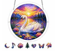 Round Acrylic Jigsaw Puzzle Suncatcher with Bird Design, 7.8x7.8in Stained Glass Style Window Hanging Decor, Stain Glass Window Puzzle Sun Catcher for Kitchen, Garden, Porch (Swan)