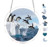 Round Acrylic Puzzle 7.8x7.8inch Arctic Penguin Group Jumping Iceberg Unique Shape Hanging Puzzle Wall Art Home Decor Brain Teaser Relaxing Hobby Indoor Leisure Family Activity Decorative Ornament