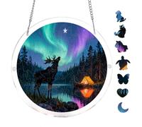 Round Acrylic Puzzle 7.8x7.8inch Aurora Borealis and Moose Unique Shape Hanging Puzzle Wall Art Home Decor Nature Landscape Brain Teaser Indoor Leisure Family Bonding Decorative Ornament