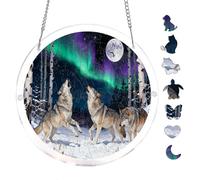 Round Acrylic Puzzle 7.8x7.8inch Snowy Forest Wolf Howling Aurora Unique Shape Hanging Puzzle Wall Art Home Decor Starry Sky Nature Scene Indoor Leisure Decorative Ornament
