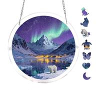 Round Acrylic Puzzle 7.8x7.8inch Snowy Mountain Village Aurora Borealis Unique Shape Hanging Puzzle Wall Art Home Decor Indoor Group Activity Leisure Mind Challenge Decorative Ornament