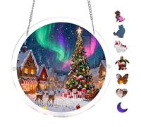Round Acrylic Puzzle 7.8x7.8inch Snowy Town Aurora Borealis Unique Shape Hanging Puzzle Wall Art Home Decor Indoor Activity Relaxing Brain Game Decorative Ornament