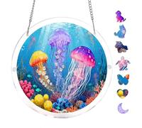 Round Acrylic Puzzle 7.8x7.8inch Vibrant Underwater Jellyfish Coral Reef Unique Shape Hanging Puzzle Wall Art Home Decor Relaxing Mind Game Indoor Activity Ocean Animal Themed Decorative Ornament