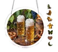 Round Acrylic Puzzle 7.8x7.8inch Vintage Pub Scene Unique Shape Hanging Puzzle Wall Art Home Decor Indoor Leisure Tabletop Games Beer Grapes Pretzels Decorative Ornament Artistic Display
