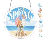 Round Acrylic Puzzle Hanging Ornament, Hello Spring Beach Floral Jigsaw Wall Decor, Coastal Hydrangea & Seashell Sign for Window, 8.9 Inch