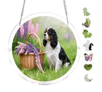 Round Acrylic Suncatcher Puzzle 7.8x7.8in Cavalier King Charles Spaniel with Lupine Flowers Unique Shape Hanging Wall Art Home Decor Family Game Night Indoor Leisure Brain Teaser Decorative Ornament