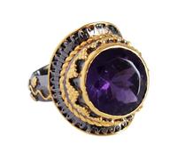 Round Amethyst Cabochon Purple Gemstone Ring 925 Sterling Silver Black Rhodium Gold Plated Bezel Set Bold Cocktail Jewelry for Women R1/2,60(19.10)