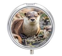 Round Animal Cute Brown Otters Pill Organizer Pill Box 3 Compartment Portable Travel Medicine Case Daily Mini Compact Medicine Container Storage Vitamin Supplement Dispenser
