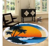 Round Anti-slip Rug 100 cm Gradient Palm Tree Sunset Washable Round Carpet, Vintage Style Soft Low Pile Circle Area Rug for Kitchen Entryway Laundry Living Room Dining Room