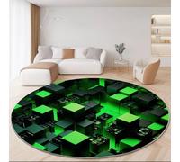 Round Anti-slip Rug 120 cm, Abstract Sci-Fi Squares Printing Round Carpet, Green Black Soft Washable Low Pile Circle Area Rug for Kitchen Entryway Laundry Living Room Dining Room