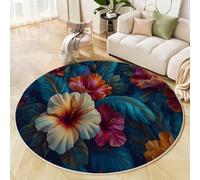 Round Anti-Slip Rug 120 Cm, Tropical Hibiscus And Palm Leaves Soft Imitation Cashmere Circle Carpet - Exotic Non-Shedding Easy Care Area Rugs For Dining Room Kids Room Hallway Entrance Dark Blue