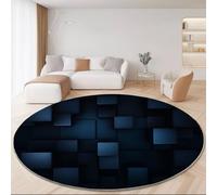 Round Anti-slip Rug 160 cm, Abstract Geometric Squares Printing Round Carpet, Dark Blue Soft Washable Low Pile Circle Area Rug for Kitchen Entryway Laundry Living Room Dining Room