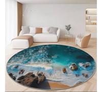 Round Anti-slip Rug 180 cm, Nature Photography Waves Rocks Printing Round Carpet, Colorful Soft Washable Low Pile Circle Area Rug for Kitchen Entryway Laundry Living Room Dining Room