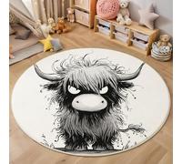 Round Anti-Slip Rug 60 Cm, Scottish Highland Cattle Soft Imitation Cashmere Circle Carpet - Cute Animal Prints Non-Shedding Easy Care Area Rugs For Dining Room Kids Room Hallway Entrance White