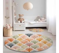 Round Anti-Slip Rug 90 cm, Bohemian Hand-Drawn Style Leaves Print Soft Flannel Circle Carpet - Orange Color Non-Shedding Easy Care Area Rugs for Dining Room Kids Room Hallway Entrance