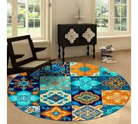 Round Anti-slip Rug 90 cm Colorful Flowers Squares Washable Round Carpet, Traditional Tile Style Soft Low Pile Circle Area Rug for Kitchen Entryway Laundry Living Room Dining Room