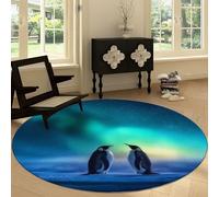 Round Anti-slip Rug Animal Print Penguin Washable 90 cm Round Carpet, Aurora Borealis Photography Soft Low Pile Circle Area Rug for Kitchen Entryway Laundry Living Room Dining Room