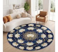 Round Area Rug 100 cm Blue White Washable Non-Slip Luxurious Floral Carpet | Low Pile Cleanable Circular Rug, Lotus Agate Marble Gold Leaf Fluid Pattern Anti-Skid Backing Carpet for Family Room Seating