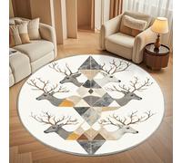 Round Area Rug 100 cm Diameter - Ultra-Soft Flannel Abstract Geometric Reindeer Pattern Circular Floor Mat, Anti-Slip Low Pile Washable Beige Round Carpet for for Kid Bedroom & Living Room