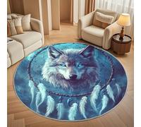 Round Area Rug 100 cm Diameter - Ultra-Soft Flannel Animal Wolf Head Dream Catcher Circular Floor Mat, Anti-Slip Low Pile Washable Blue Round Carpet for for Kid Bedroom & Living Room