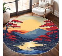 Round Area Rug 100 cm Diameter - Ultra-Soft Flannel Japanese Style jungle Illustration Circular Floor Mat, Anti-Slip Low Pile Washable Multicolor Round Carpet for for Kid Bedroom & Living Room